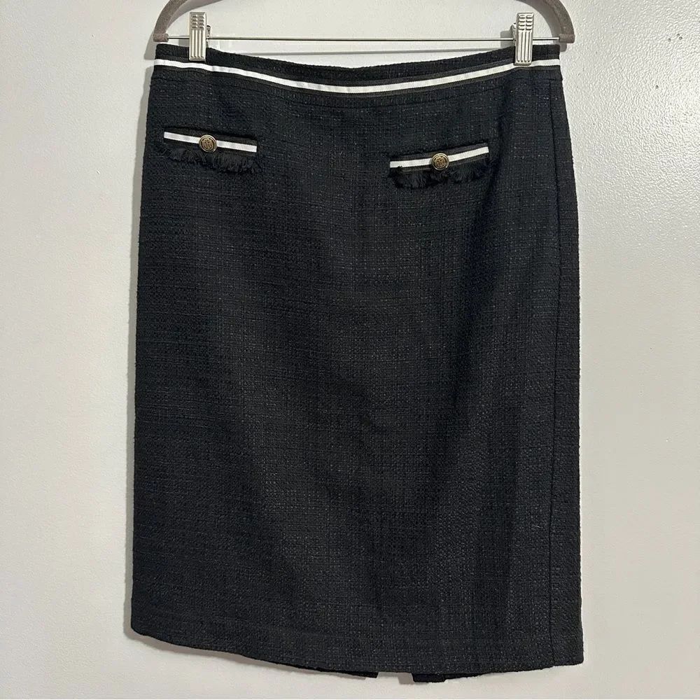 Talbots Black Pencil Skirt Unique Front Buttons Slit In Back size 10